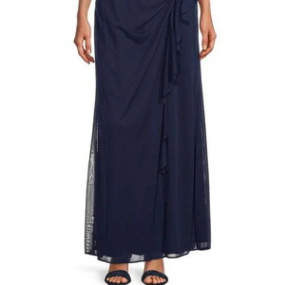 Alex Evenings Navy Blue Embroidered Illusion Evening Dress Alex Evenings Navy Blue Embroidered Illusion Evening Dress